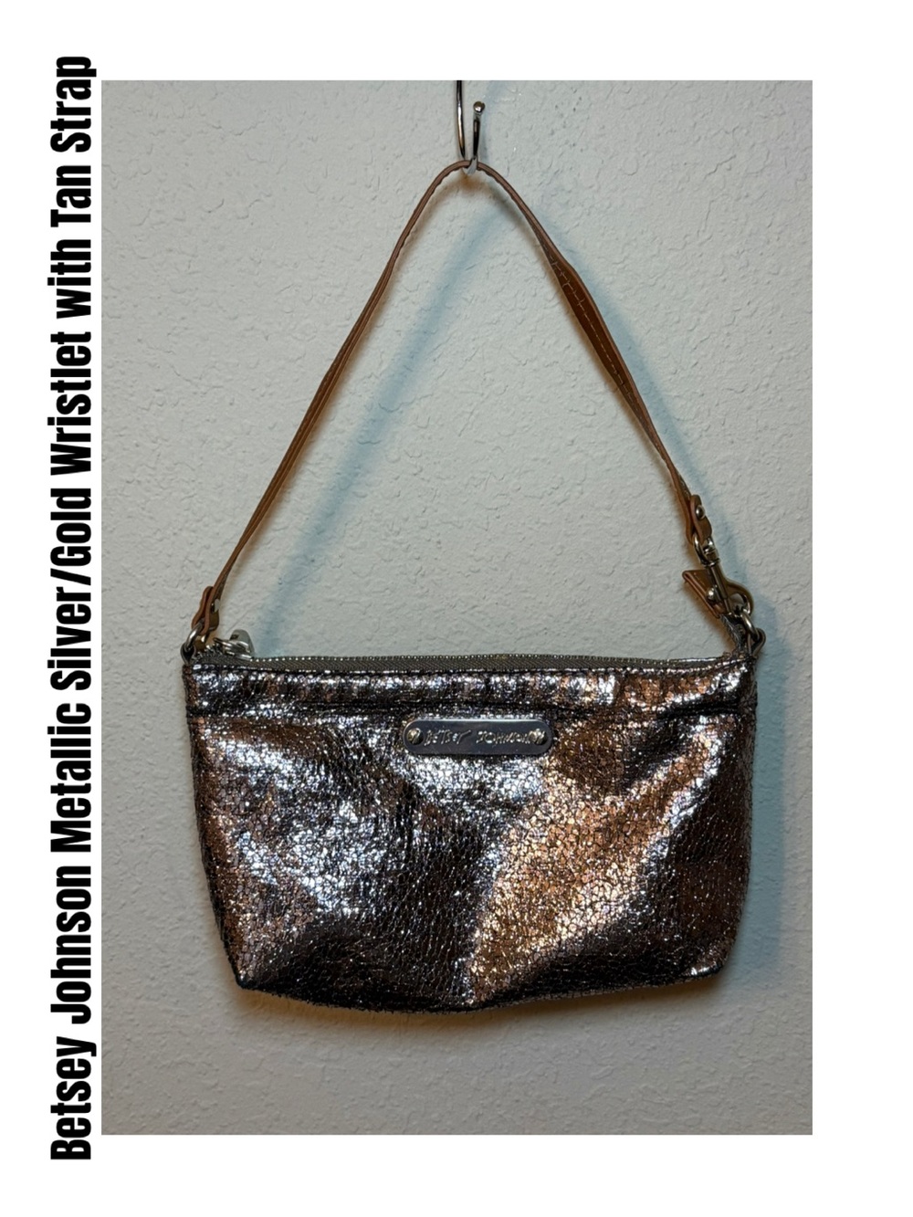 Betsey Johnson Metallic Silver/Gold Wristlet with Tan Strap